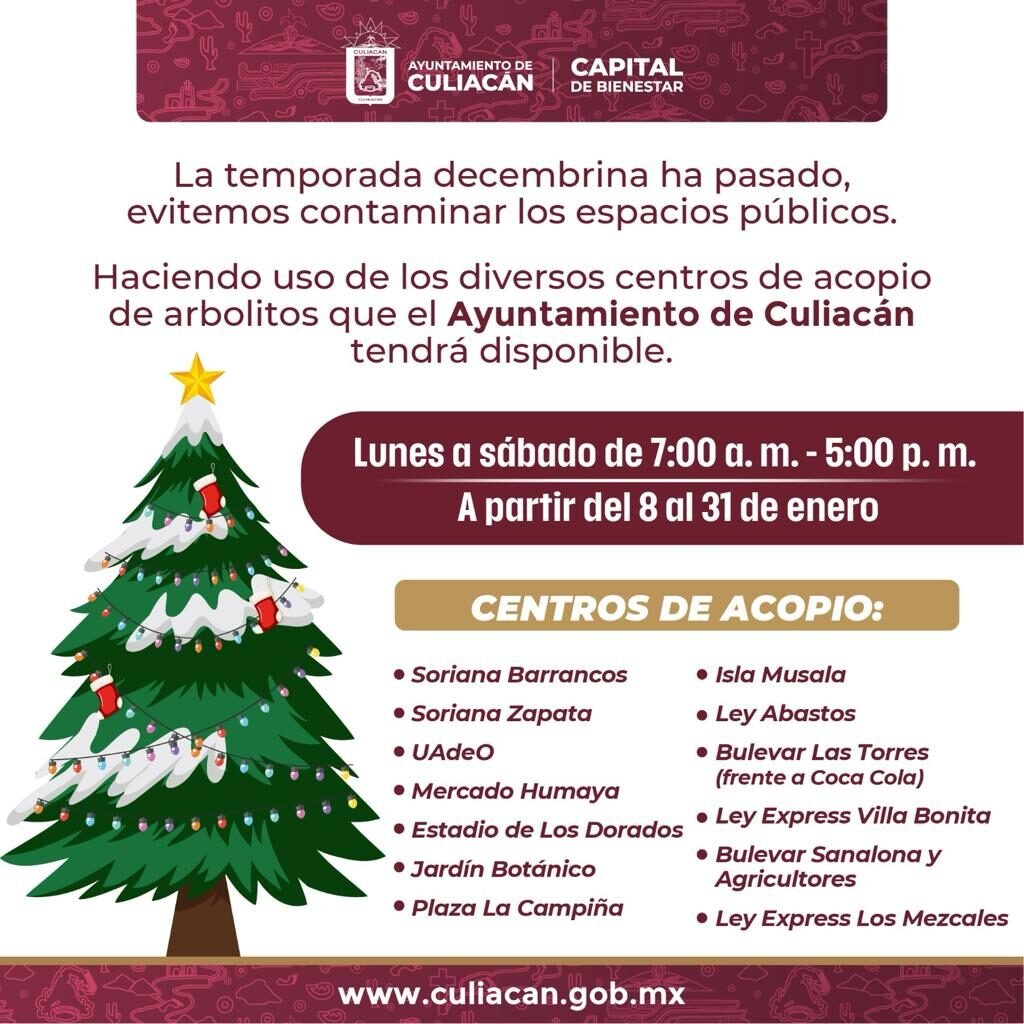 Anuncio sobre los centros de acopio para depositar los arbolitos navideños por parte del ayuntamiento de Culiacán