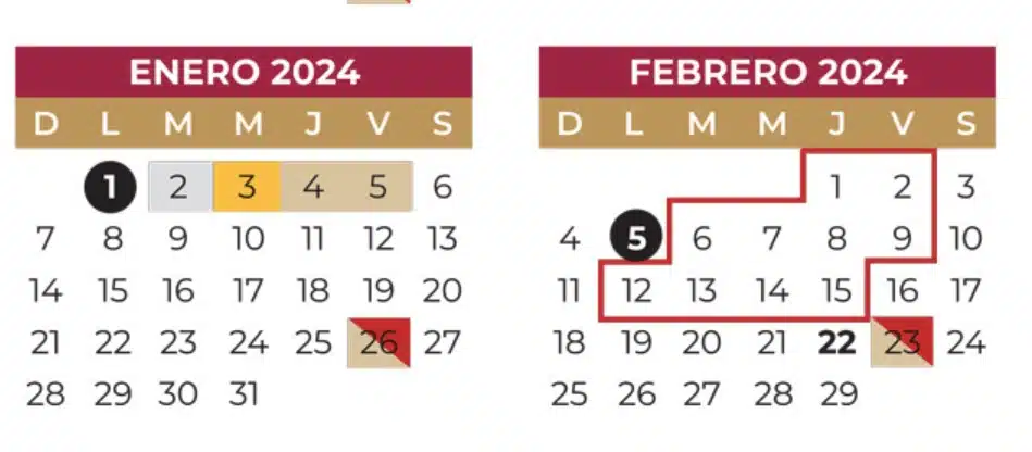 Calendario oficial SEP correspondiente a los meses de enero y febrero de 2024