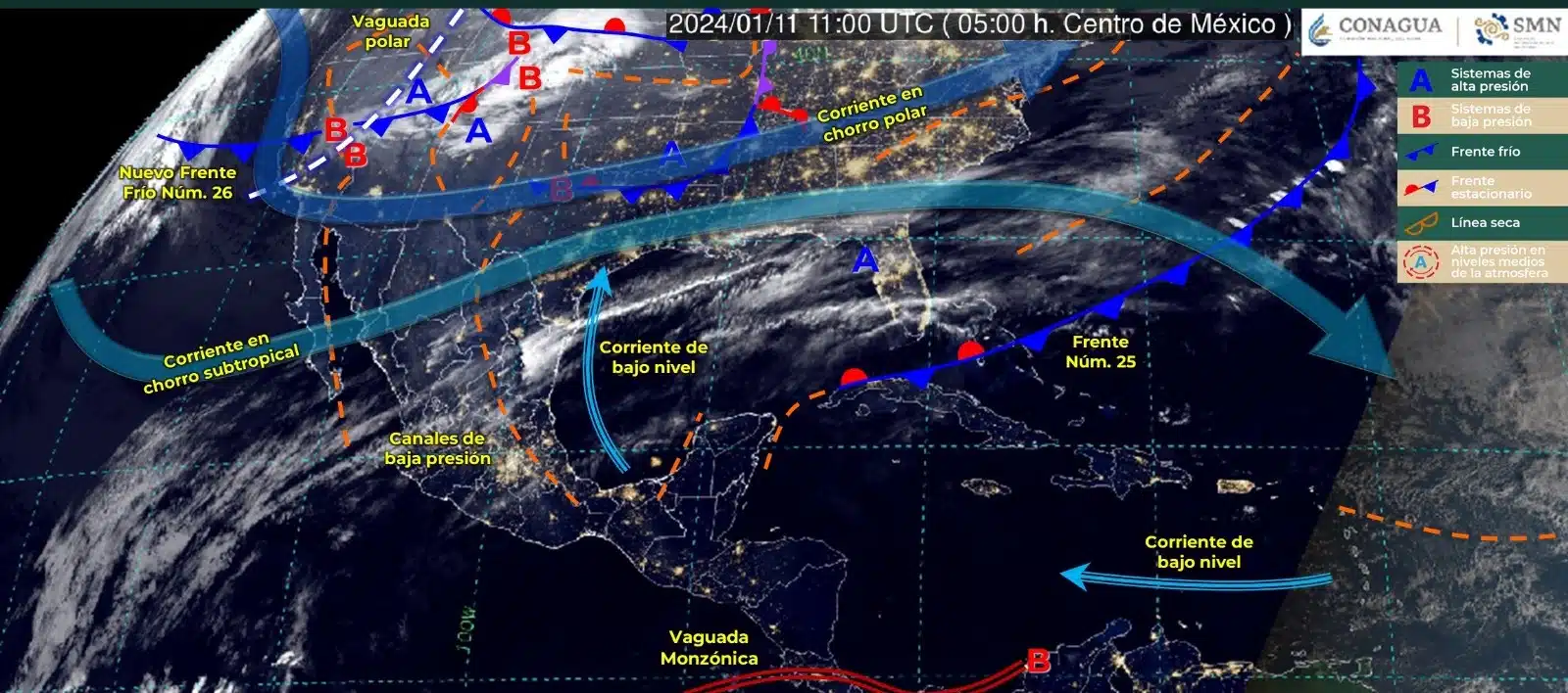 Mapa del Servicio Meteorológico Nacional con sistemas activos