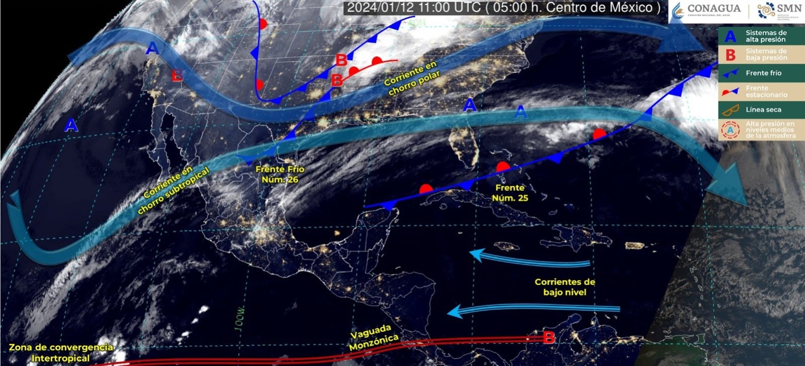 Mapa del Servicio Meteorológico Nacional con sistemas activos
