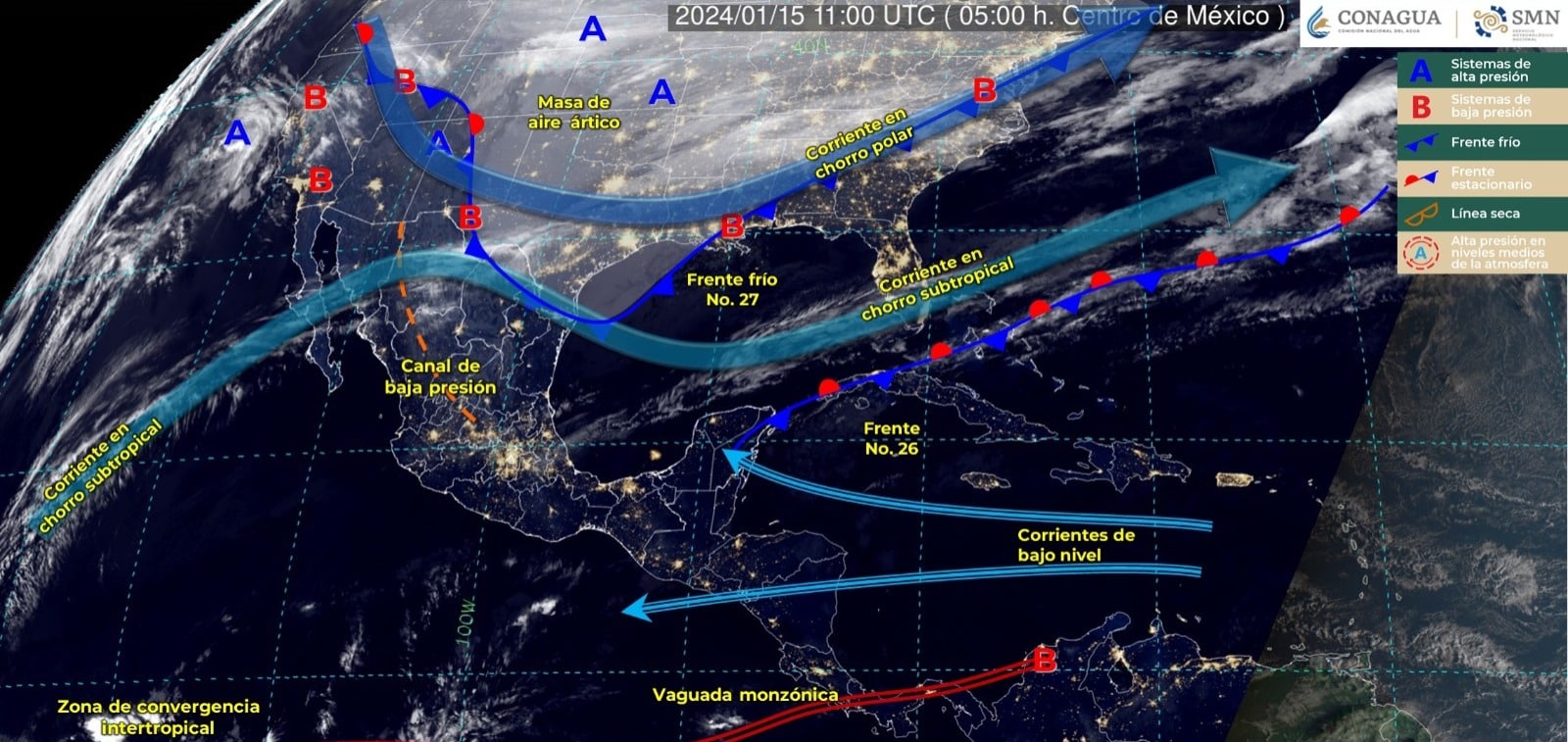 Mapa del Servicio Meteorológico Nacional con sistemas activos