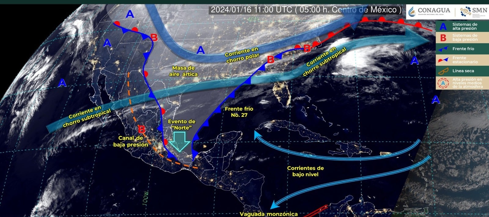Mapa del Servicio Meteorológico Nacional con sistemas activos
