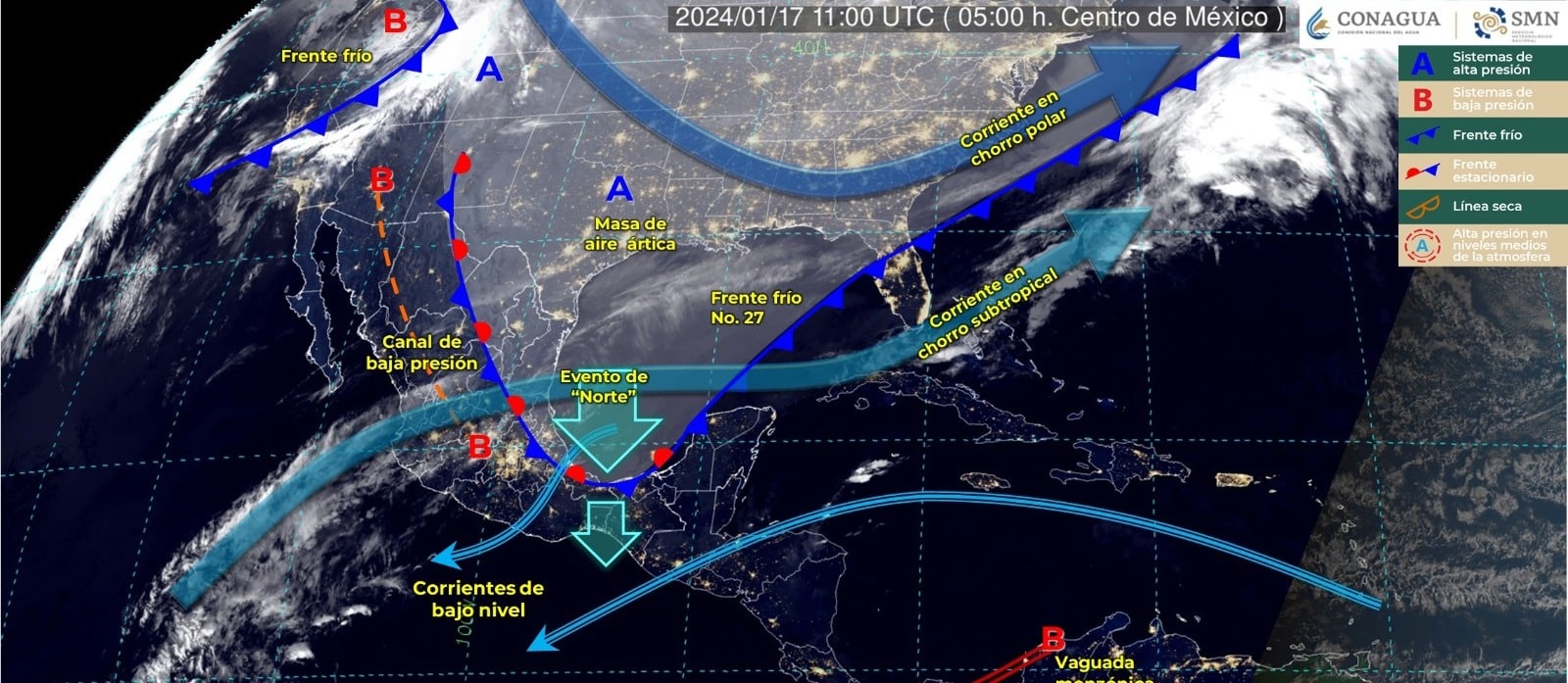 Mapa del Servicio Meteorológico Nacional con sistemas activos