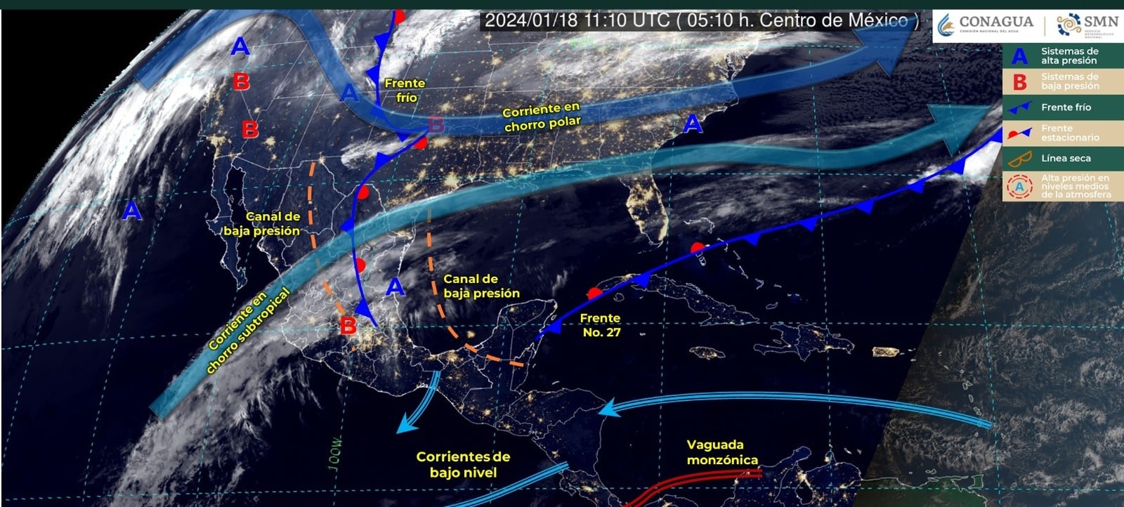 Mapa del Servicio Meteorológico Nacional con sistemas activos