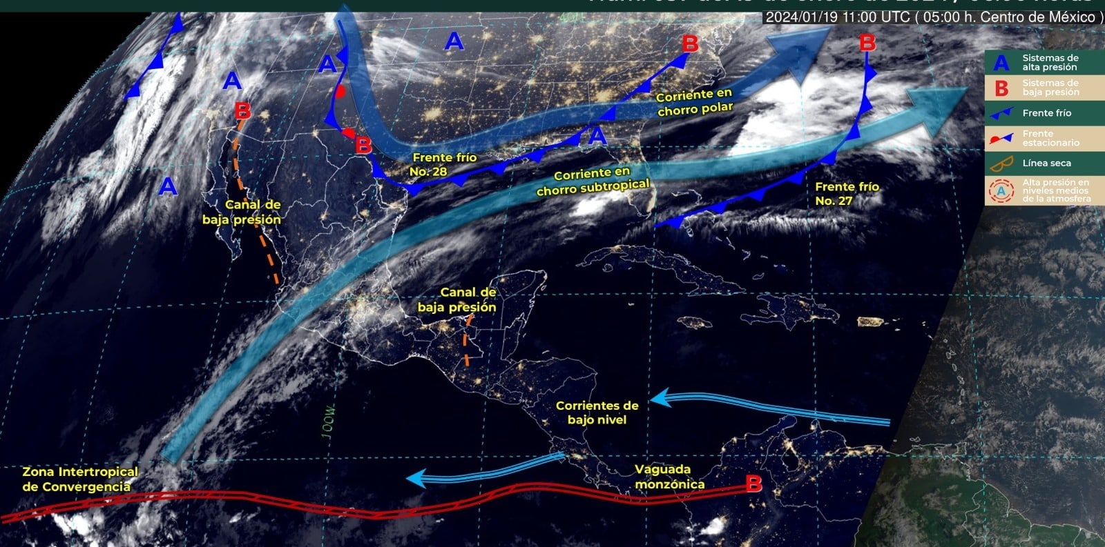 Mapa del Servicio Meteorológico Nacional con sistemas activos