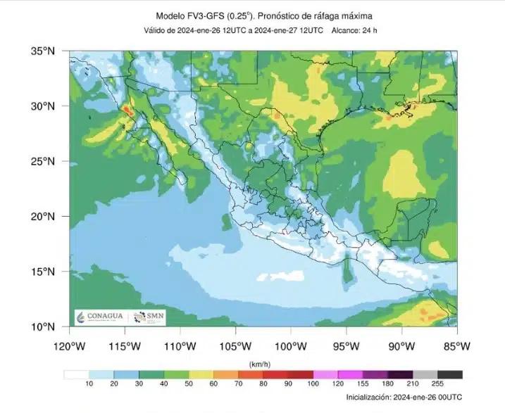 Mapa de pronóstico de vientos (colores verde, amarillo y naranja), para este viernes y sábado en México
