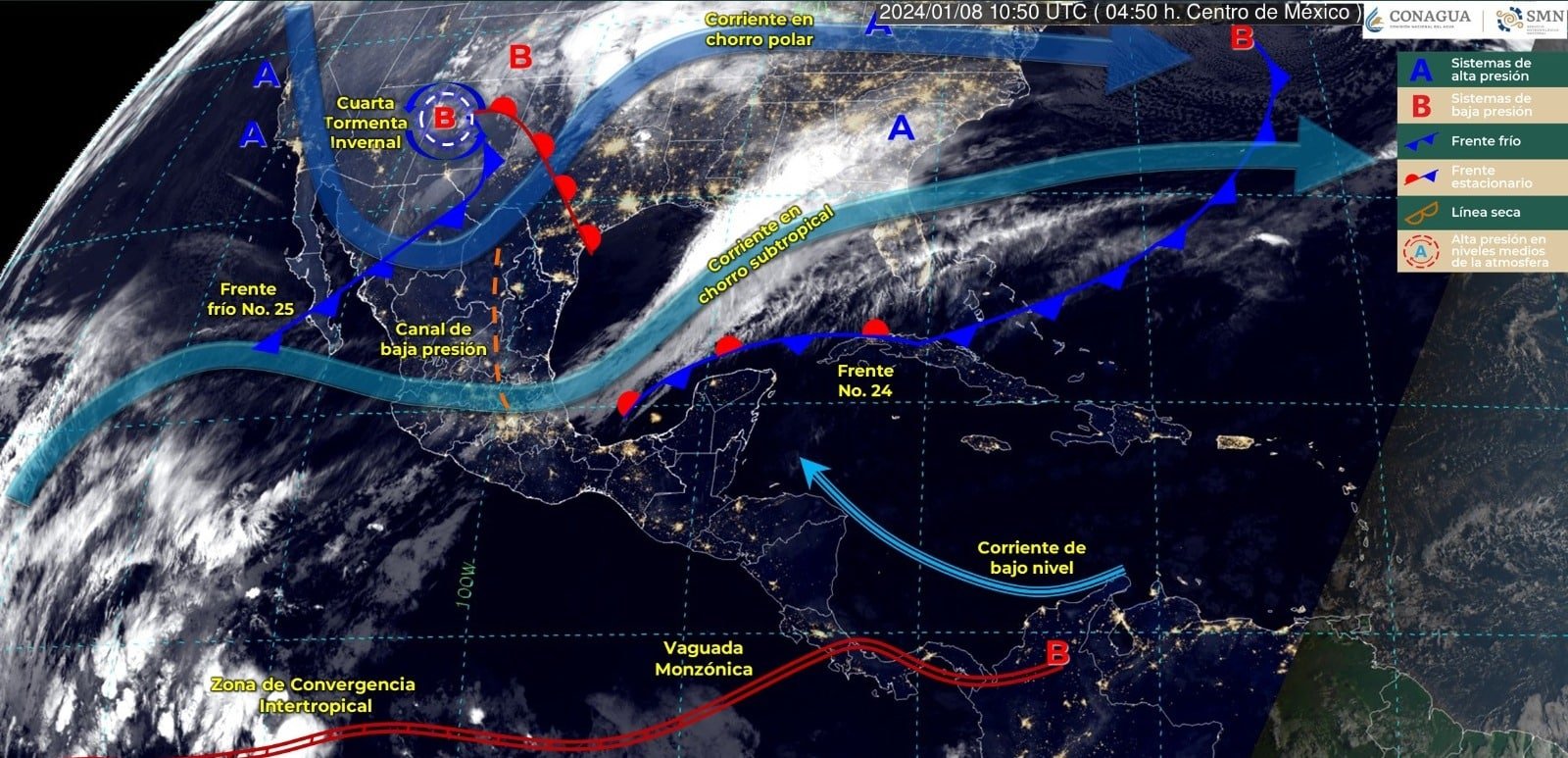 Mapa del Servicio Meteorológico Nacional con sistemas activos