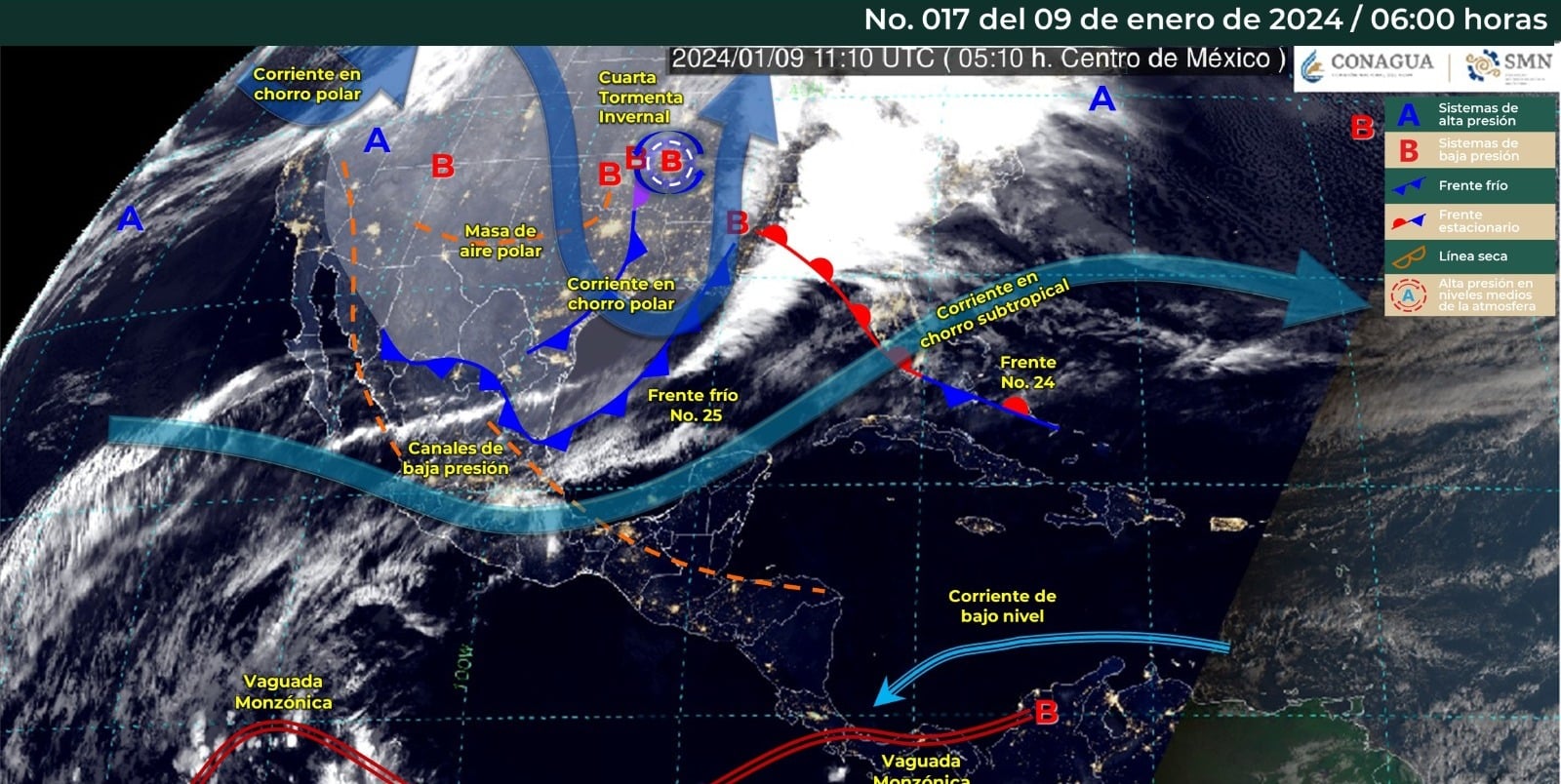 Mapa del Servicio Meteorológico Nacional con sistemas activos