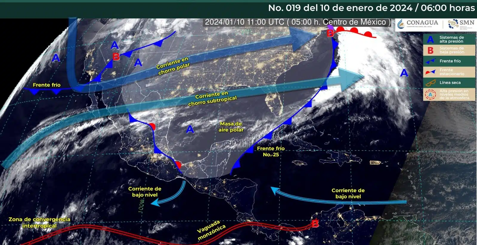 Mapa del Servicio Meteorológico Nacional con sistemas activos