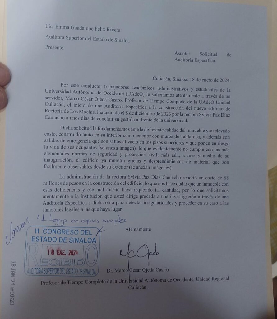 Hoja de denuncia por parte de personas de la UAdeO ante la ASE en Culiacán