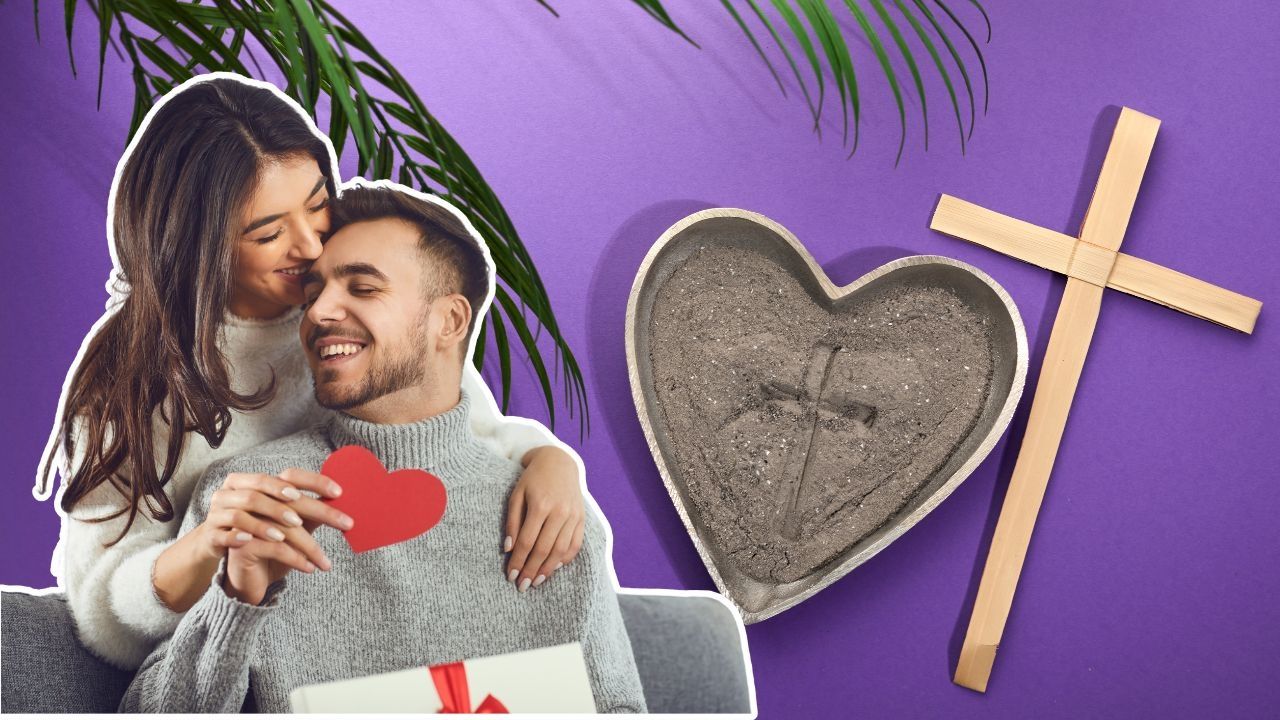 Dos personas enamoradas haciendo alusión al Día del Amor y la Amistad, y un corazón con una cruz y una cruz de madera a un lado haciendo alusión a miércoles de Ceniza