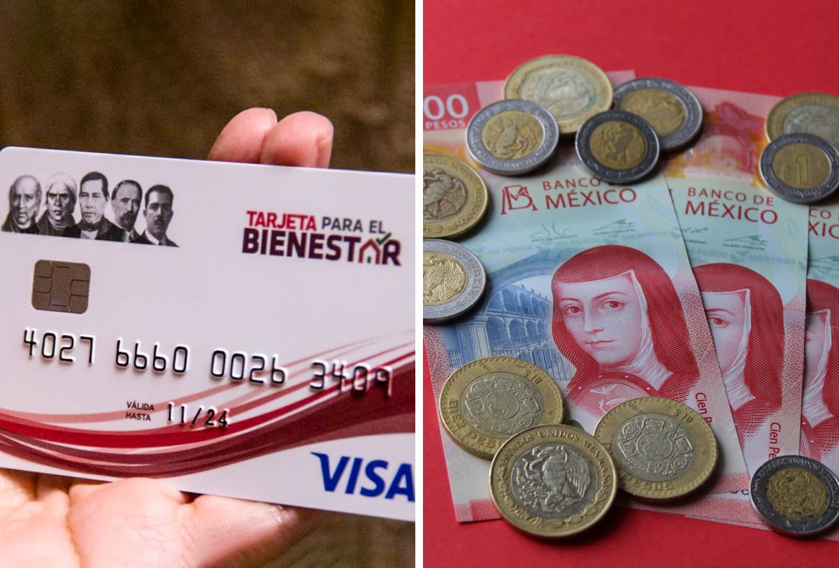 Tarjeta de Pensión del Bienestar y billetes de 100 y pesos y monedas de diferentes denominaciones