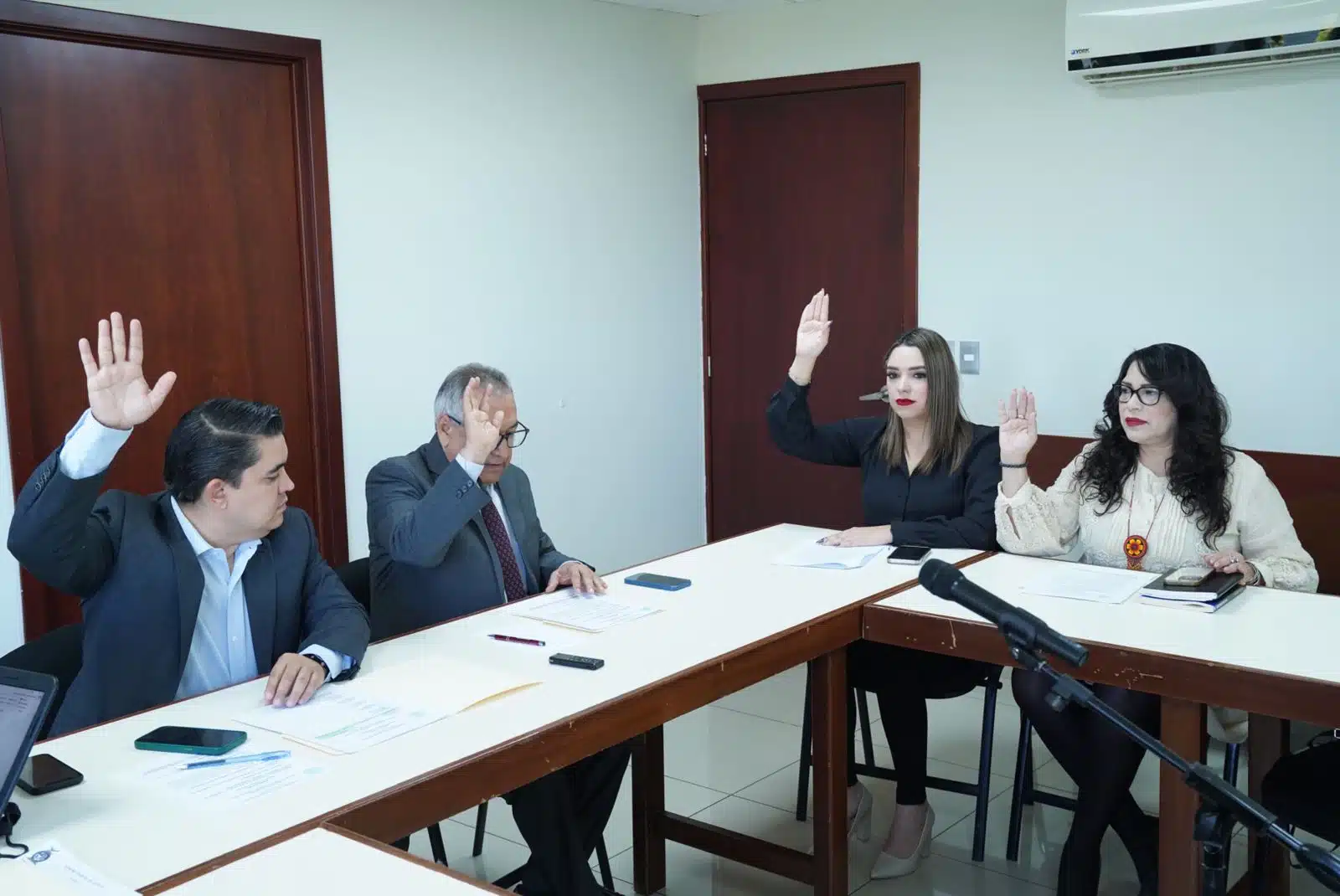 Personas con la mano levantada emitiendo un voto en Culiacán