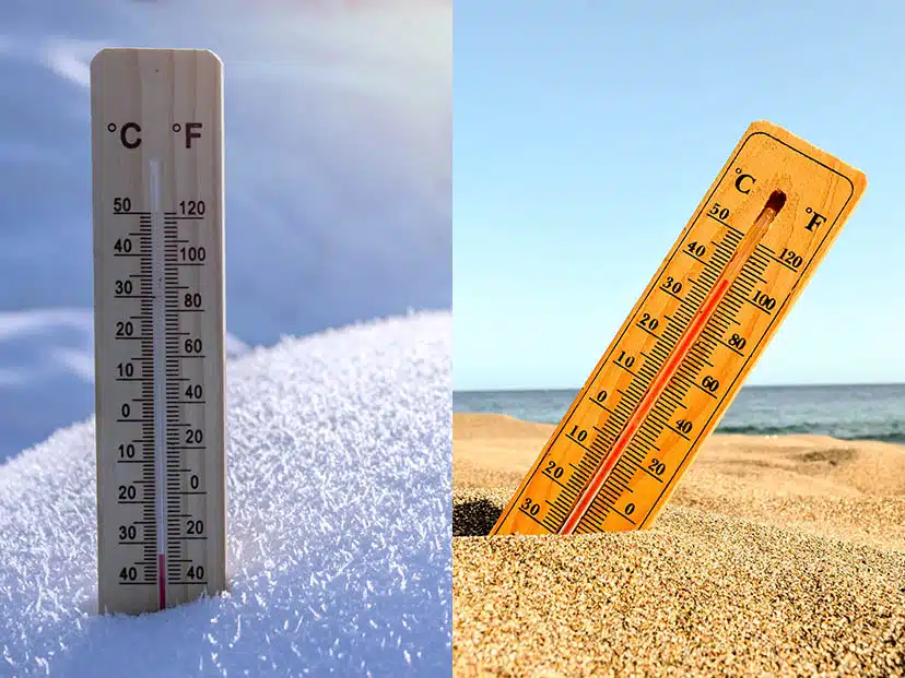 Dos termómetros, uno en la nieve y otro en la arena bajo los rayos del sol, reflejando frío y calor, respectivamente