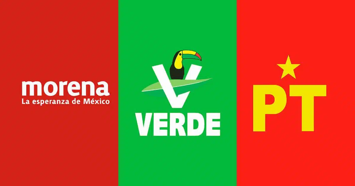 De izquierda a derecha: logos de los partidos Morena, Verde Ecologista de México (PVEM) y del Trabajo (PT)