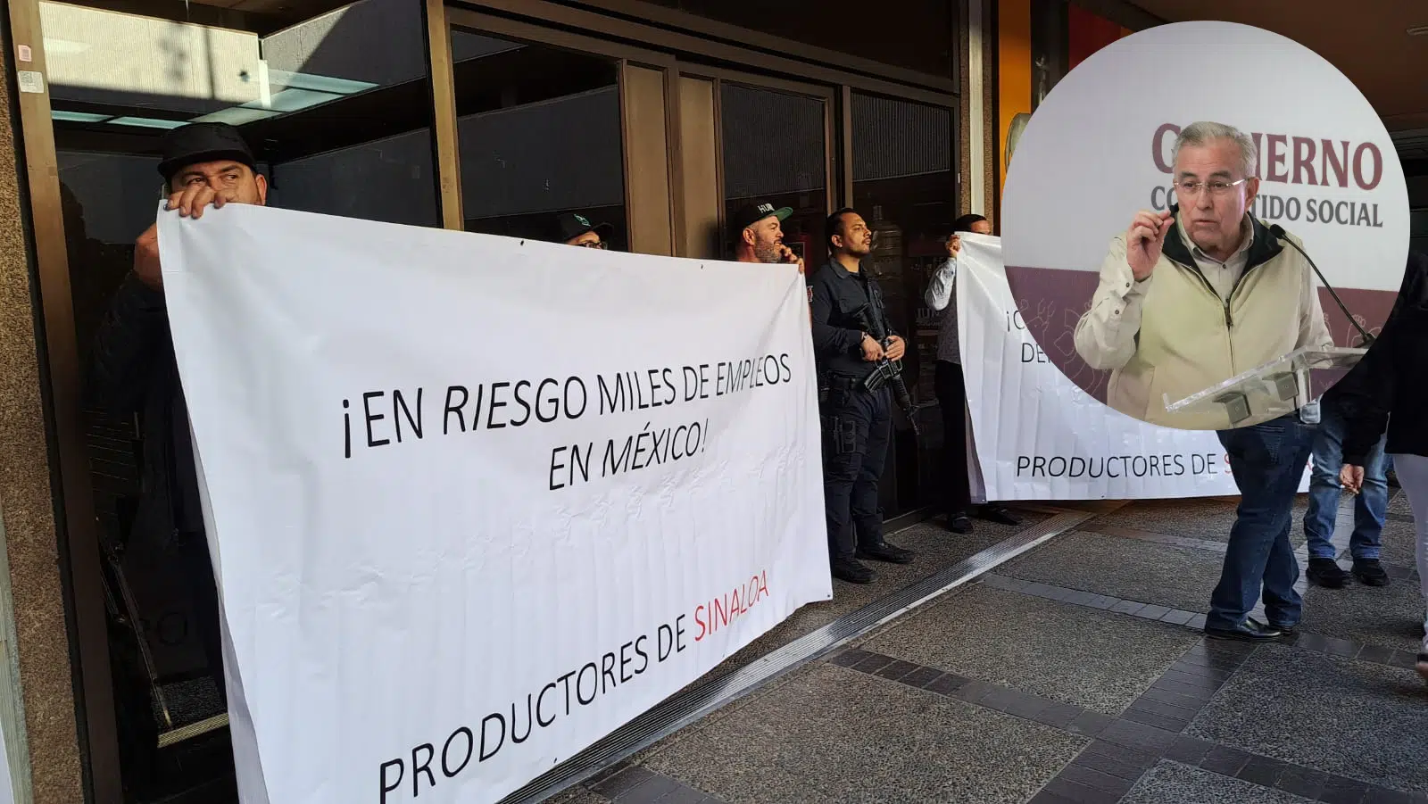 Manifestación de acuicultores y en un circulo superior derecho el gobernador de Sinaloa, Rubén Rocha Moya, en Culiacán
