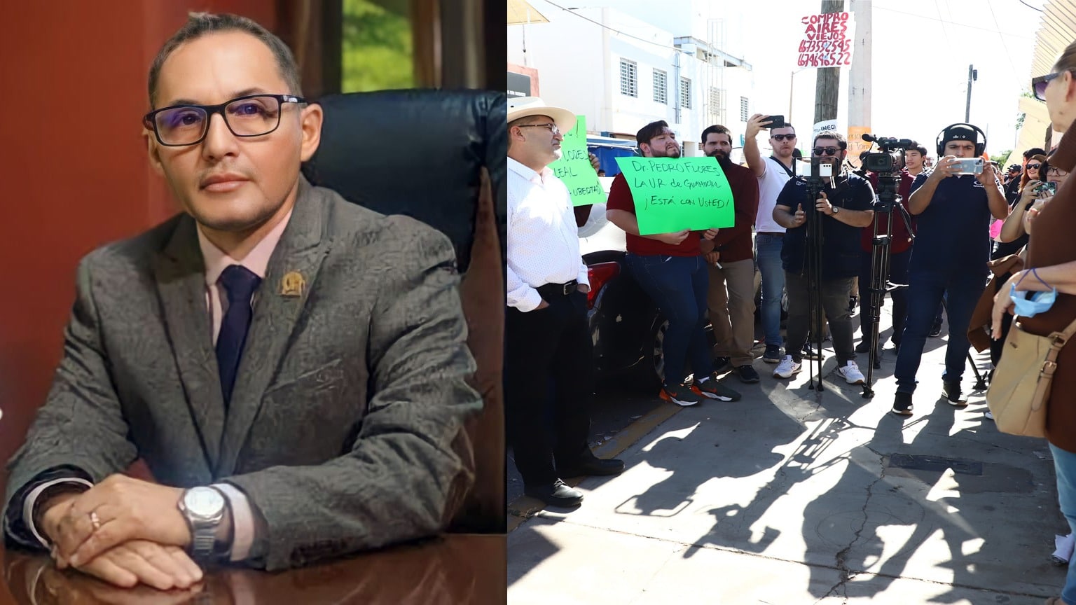 En la foto del lado izquierdo Pedro Flores Leal y la del lado derecho la manifestación en las instalaciones de la UAdeO en Culiacán