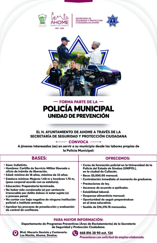 Convocatoria de la Policía Municipal de Ahome Unidad de prevención