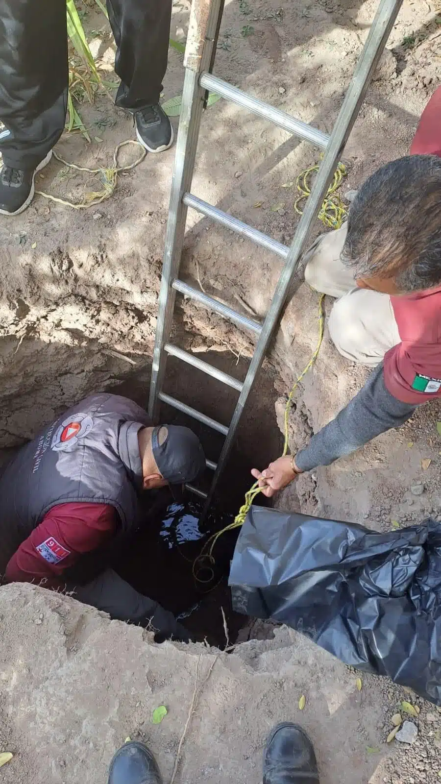 Elementos de Protección Civil de Ahome rescatando a un perrito que cayó a un socavón en Los Mochis