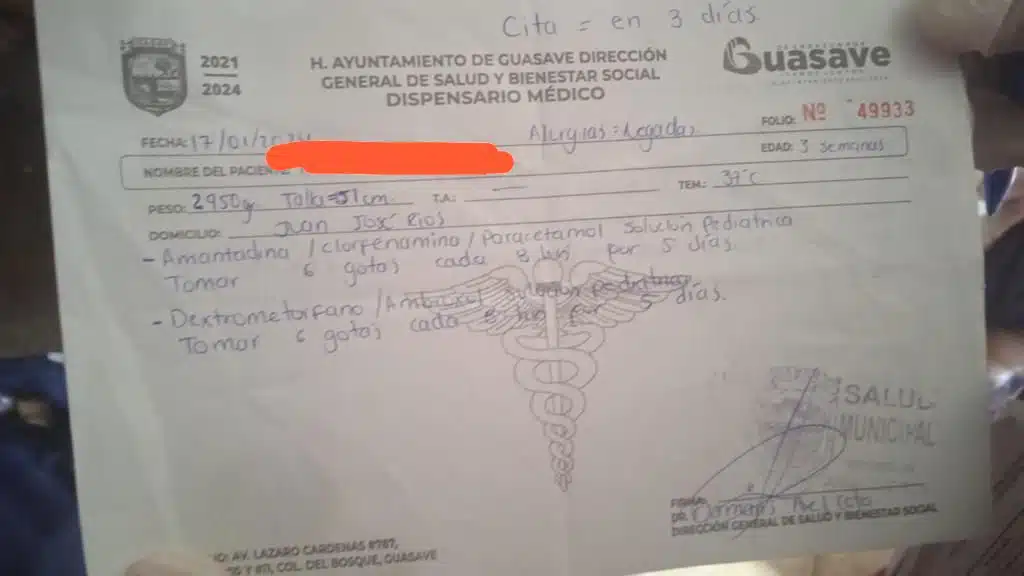 Receta medica del bebé Rafael que falleció en una cuarteria de Juan Jose Ríos, Guasave