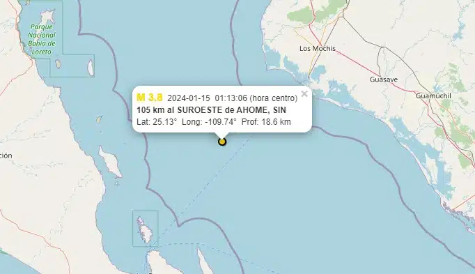 Mapa proporcionado por el SSN donde se marca un sismo en el Mar de Cortés