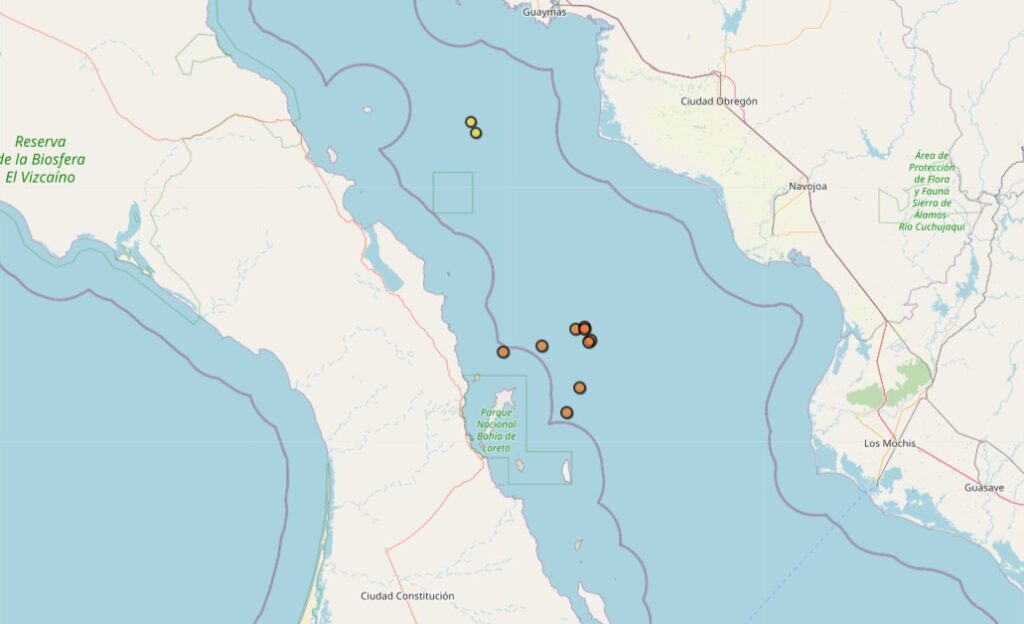 Mapa proporcionado por el SSN donde se marcan varios sismos en el golfo de California
