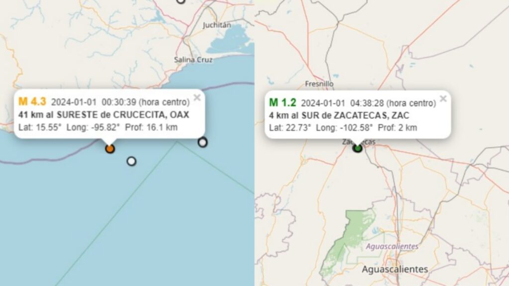 Mapa de sismos de 4.3 y 1.2 en Oaxaca y Zacatecas, respectivamente 