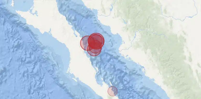Mapa donde se marcan varios sismo en el golfo de California