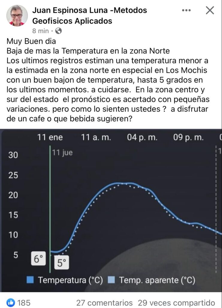 Publicación del geofísico Juan Espinosa Luna en Facebook sobre las temperaturas en la zona norte