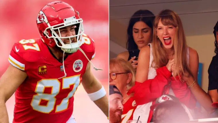 Travis Kelce hace gesto de amor a Taylor Swift