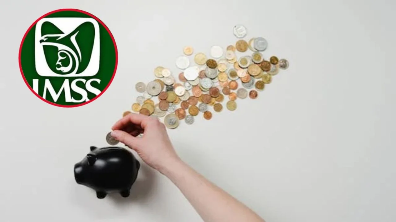 Dinero y la mano de una persona echándola a una alcancía de cochinito, y en la parte superior izquierda en un circulo el logotipo del IMSS