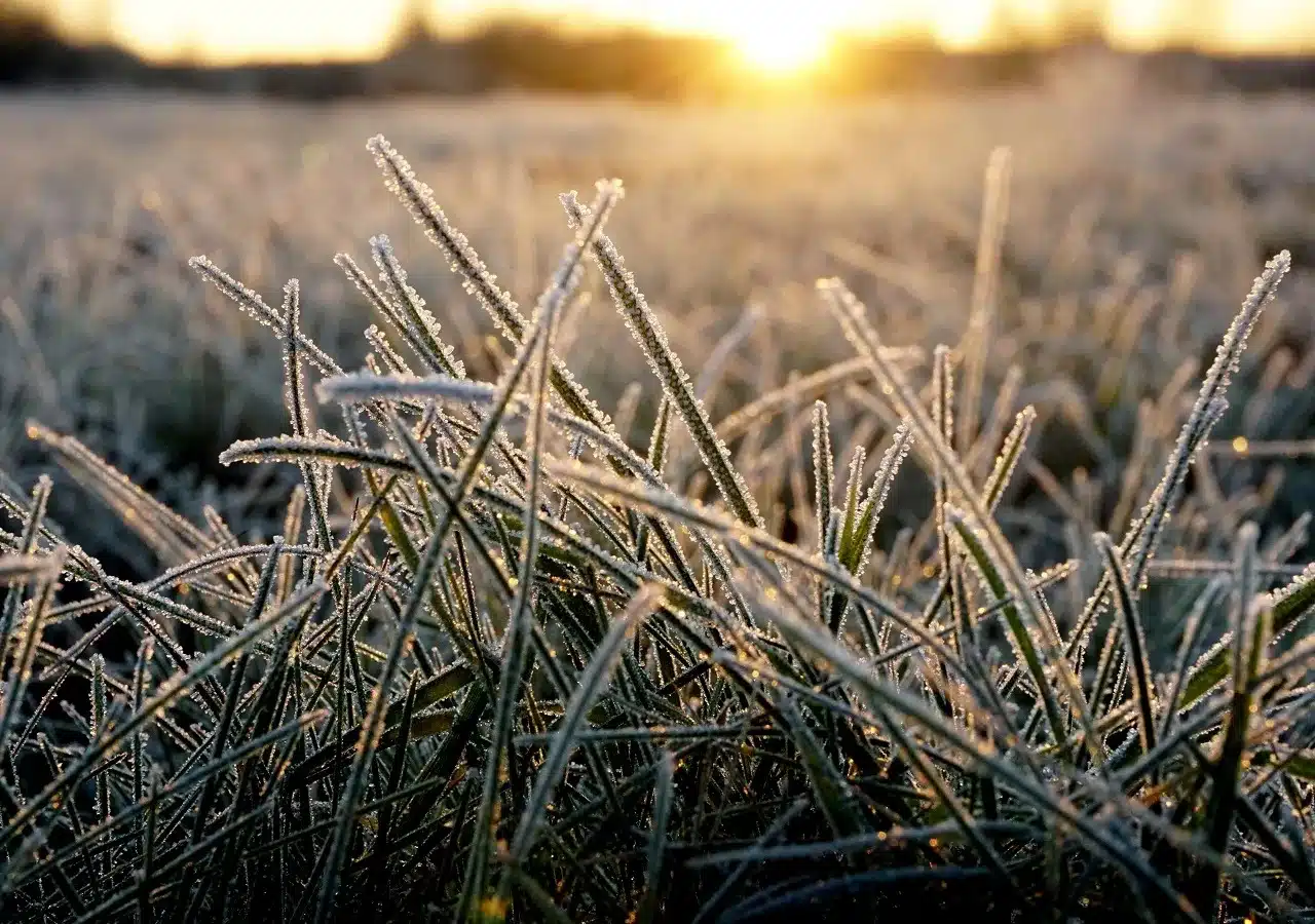 Hierba congelada por el frío
