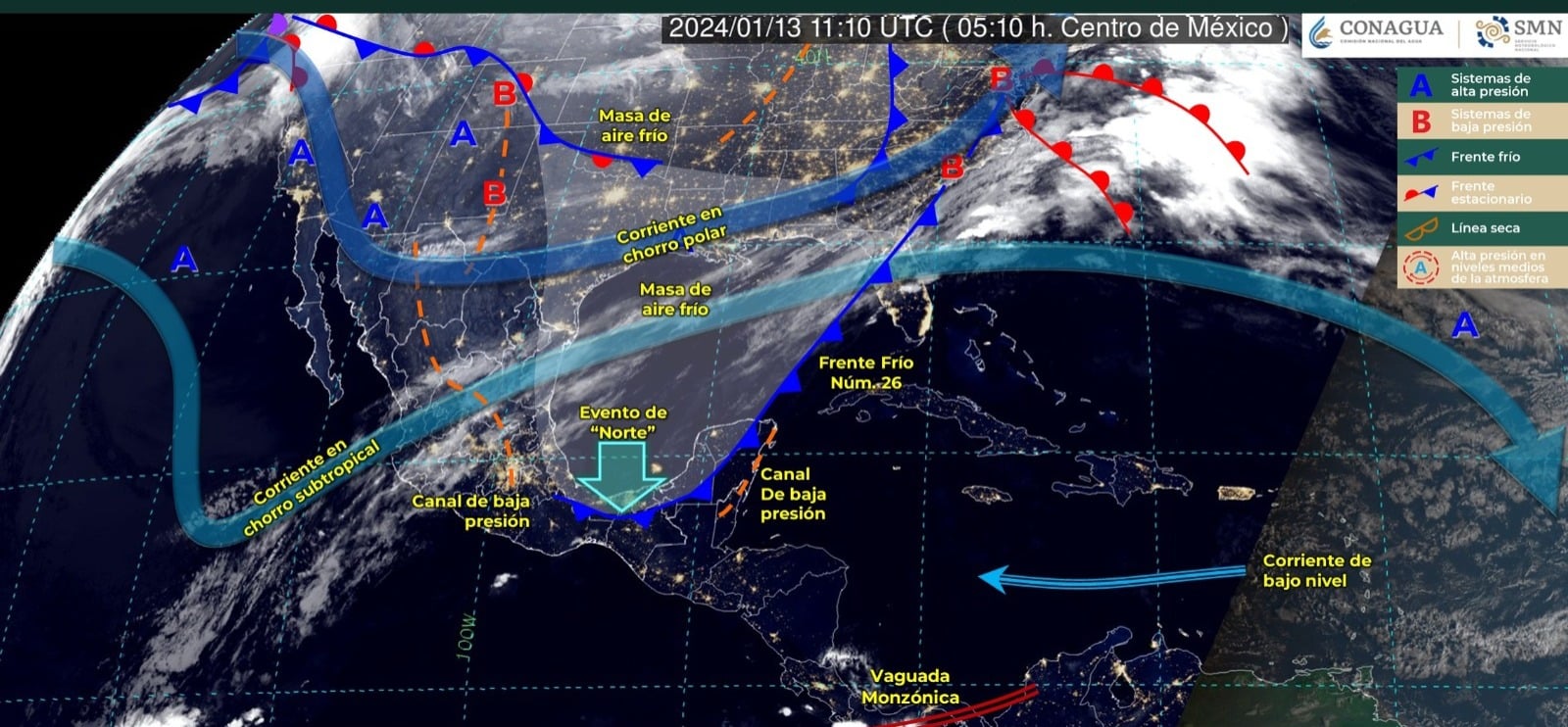 Mapa del Servicio Meteorológico Nacional con sistemas activos