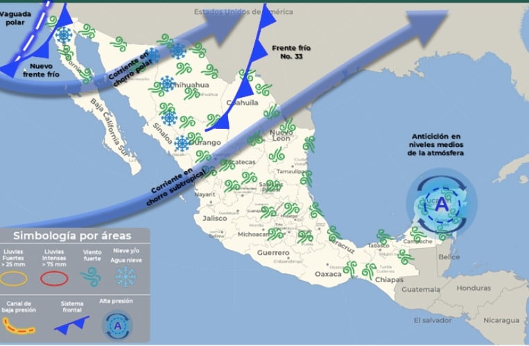 Mapa de pronóstico de sistemas meteorológicos para el jueves 8 de febrero.