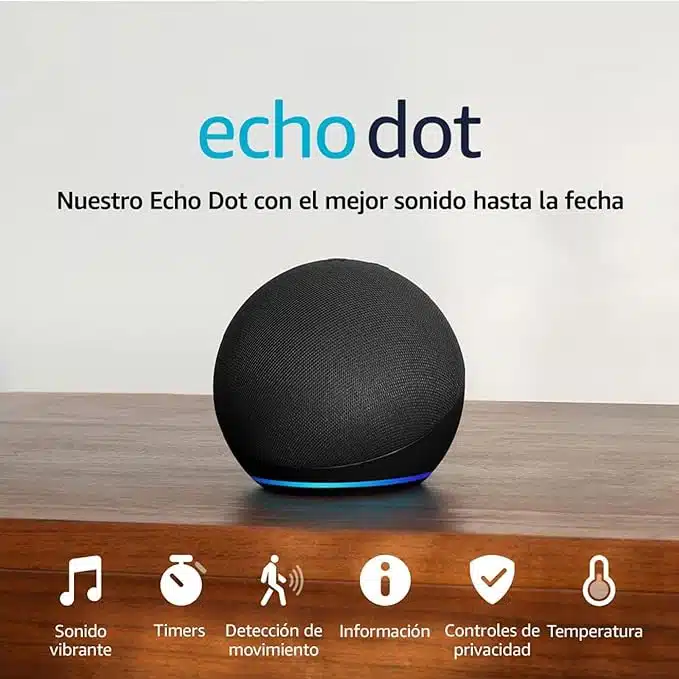 Echo dot tiene una bocina de proyección frontal 1.73" y alta definición sin pérdidas, además de indicador LED con reloj.
