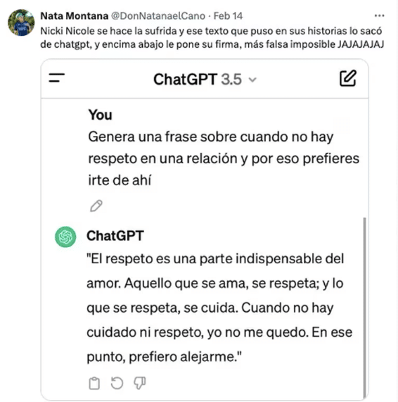 Acusan a Nicki Nicole de usar ChatGPT para su mensaje de ruptura con Peso Pluma 