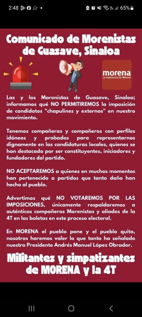 Comunicado del partido de Morena en Guasave, Sinaloa