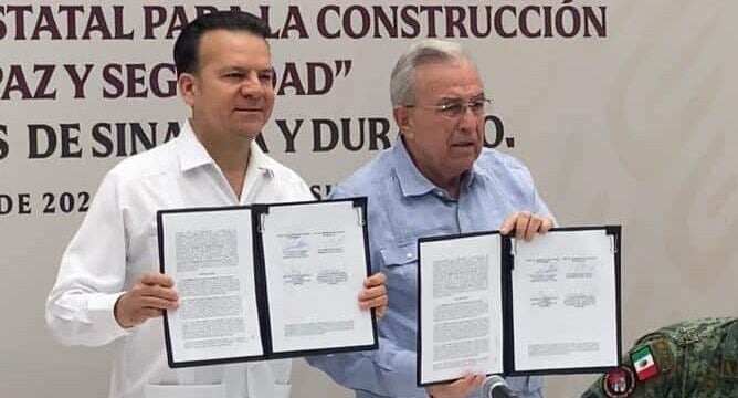 El gobernador del estado, Rubén Rocha Moya, y Esteban Villegas Villarreal, mandatario estatal de Durango