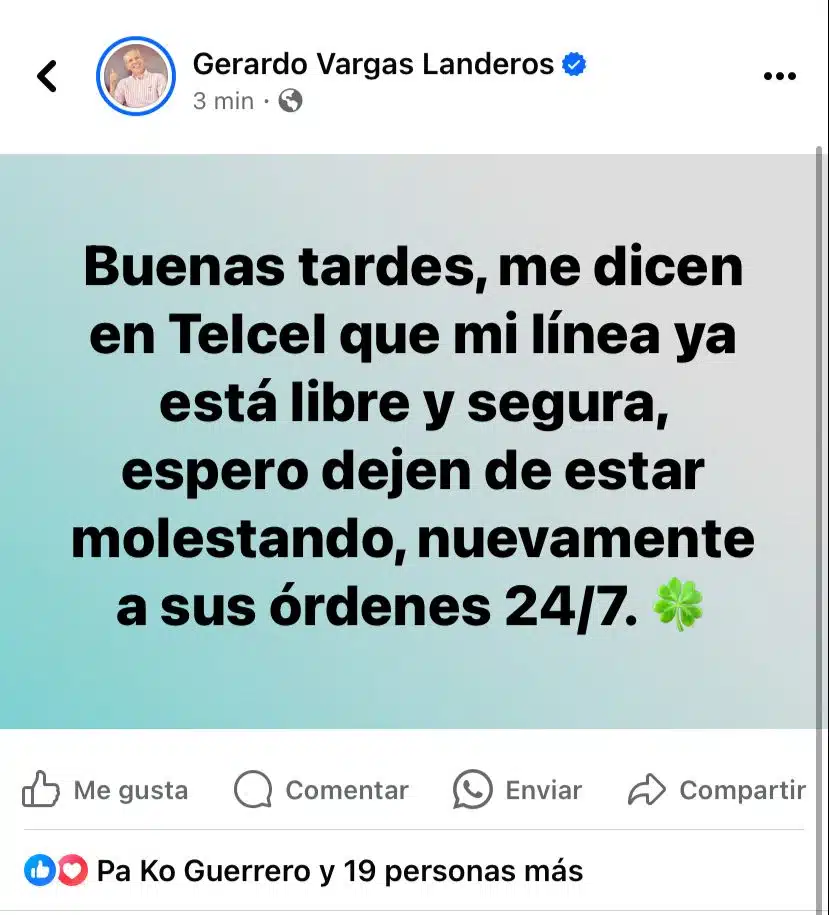Publicación de Facebook del presidente municipal de Ahome, Gerardo Vargas Landeros