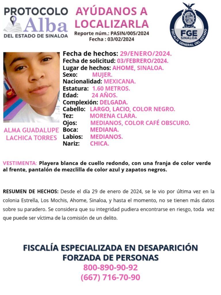Ficha de búsqueda de Alma Guadalupe Lachica Torres tras su desaparición en Los Mochis