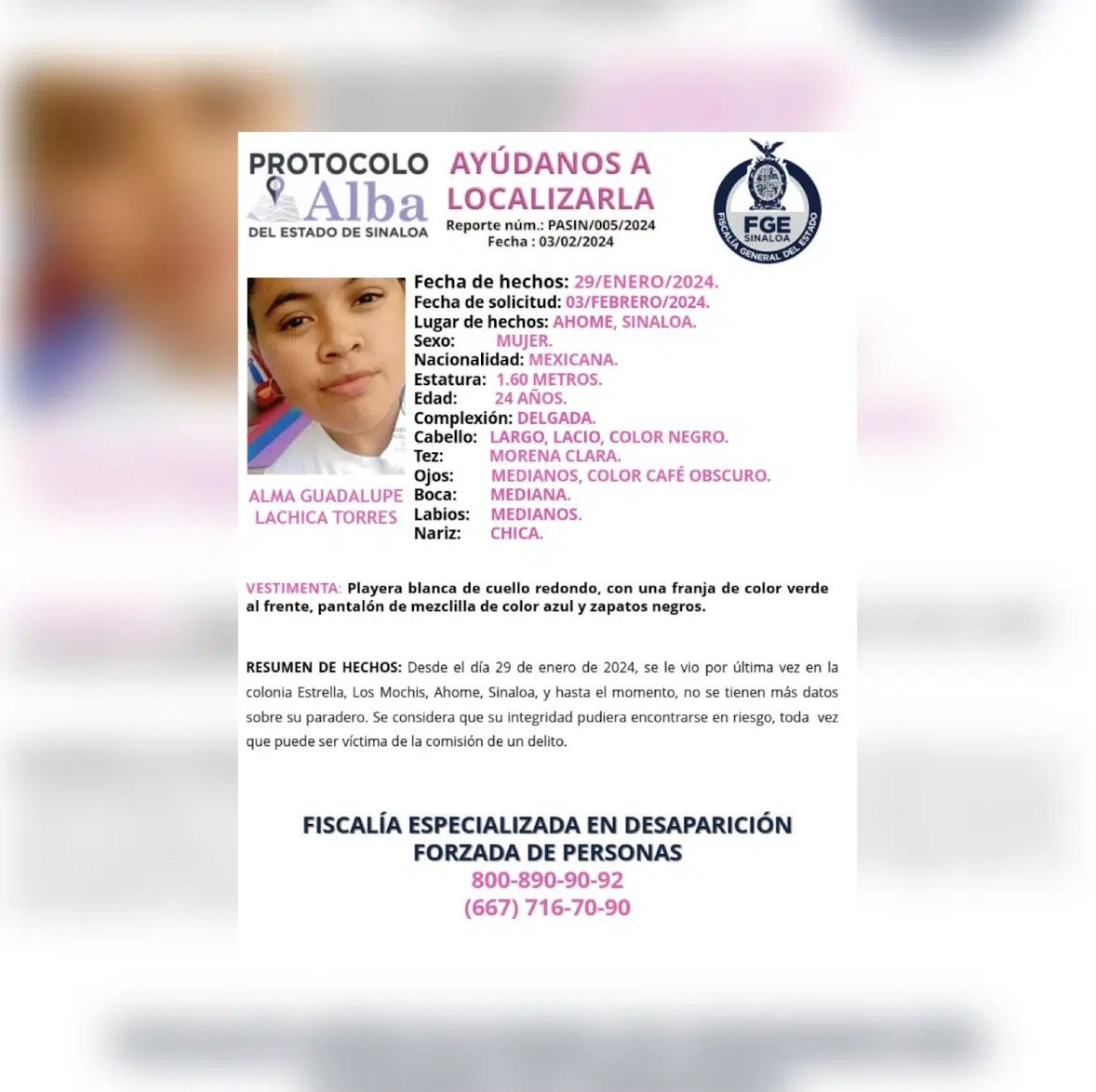 Ficha de búsqueda de Alma Guadalupe Lachica Torres tras su desaparición en Los Mochis