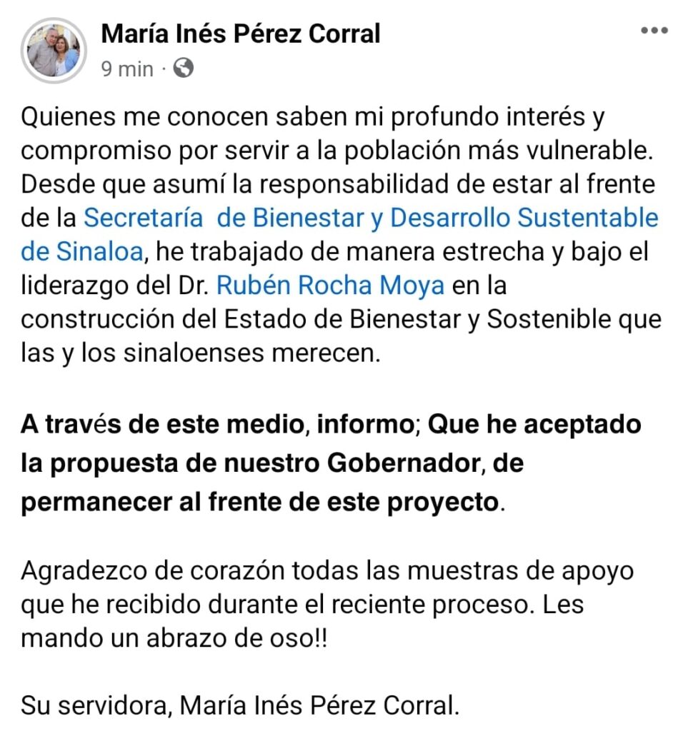 Publicación de Facebook de María Inés Pérez Corral
