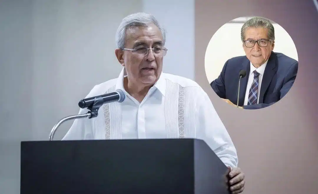 Gobernador de Sinaloa, Rubén Rocha Moya (fondo) y Feliciano Castro Melendrez (circulo)