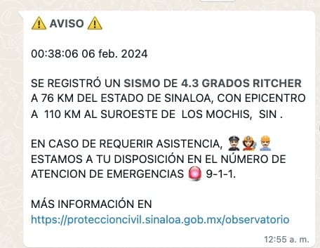 Mensaje de sismo 