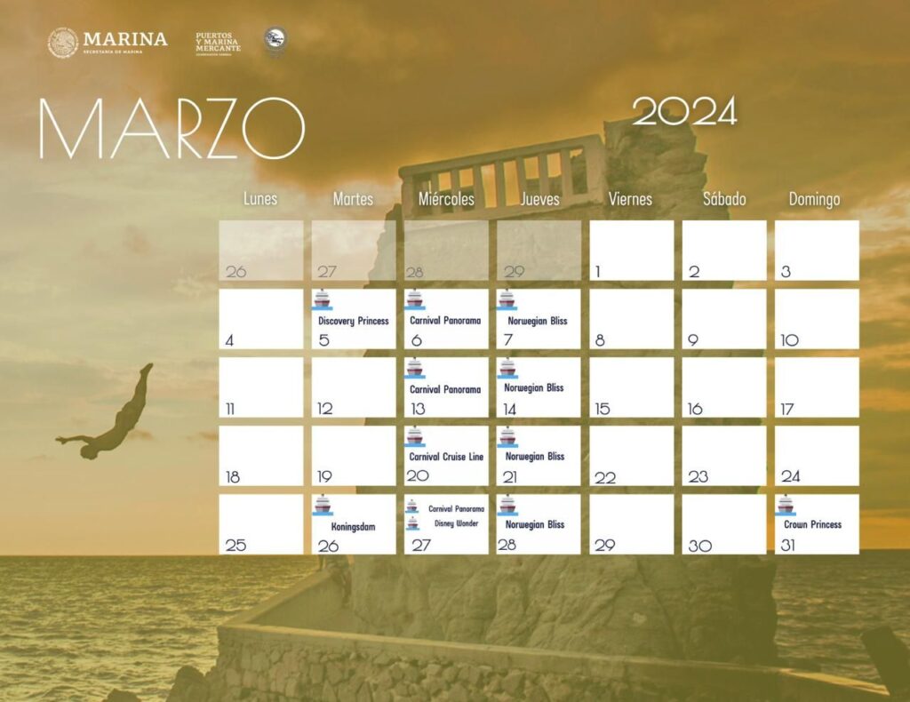 Calendario de cruceros turísticos en marzo 2024 