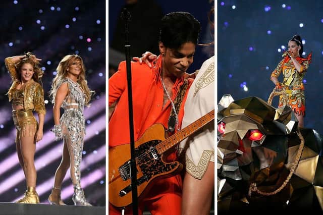 Artistas durante el espectáculo de medio tiempo del Super Bowl