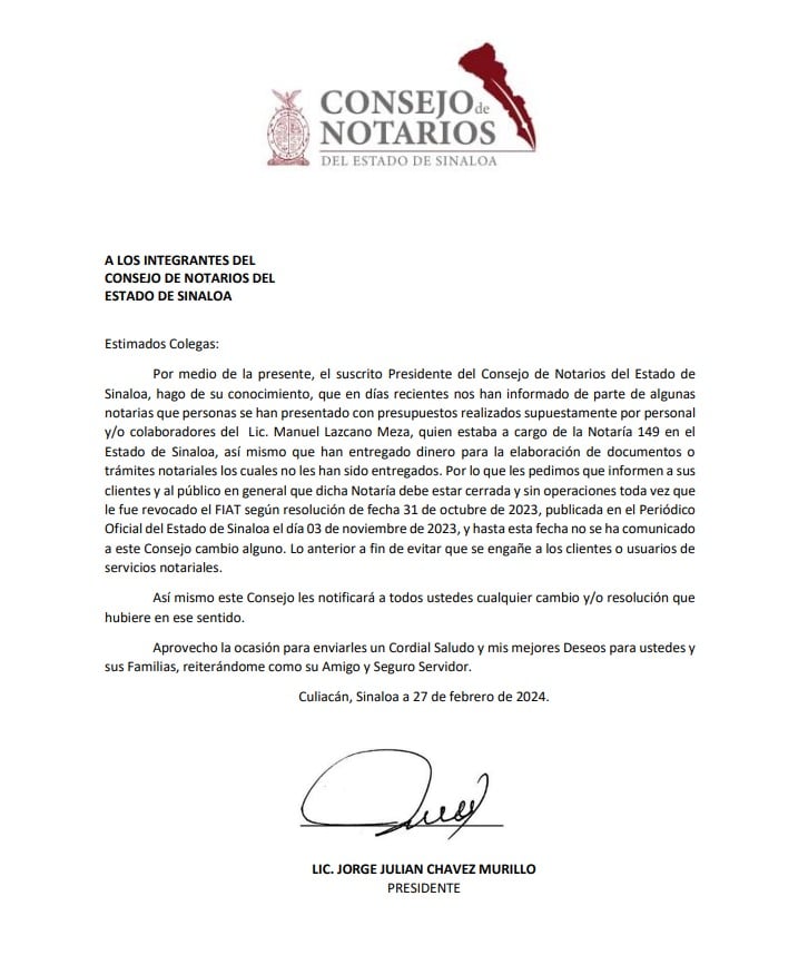 Carta del Consejo de Notarios del