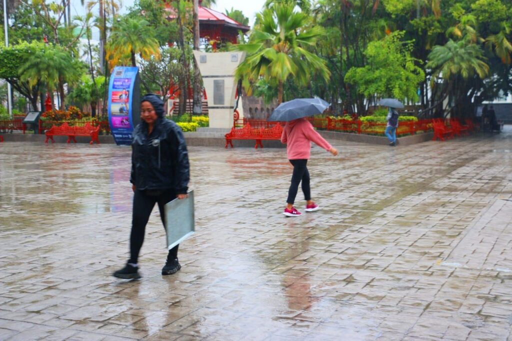 Personas con impermeable y paraguas por lluvias