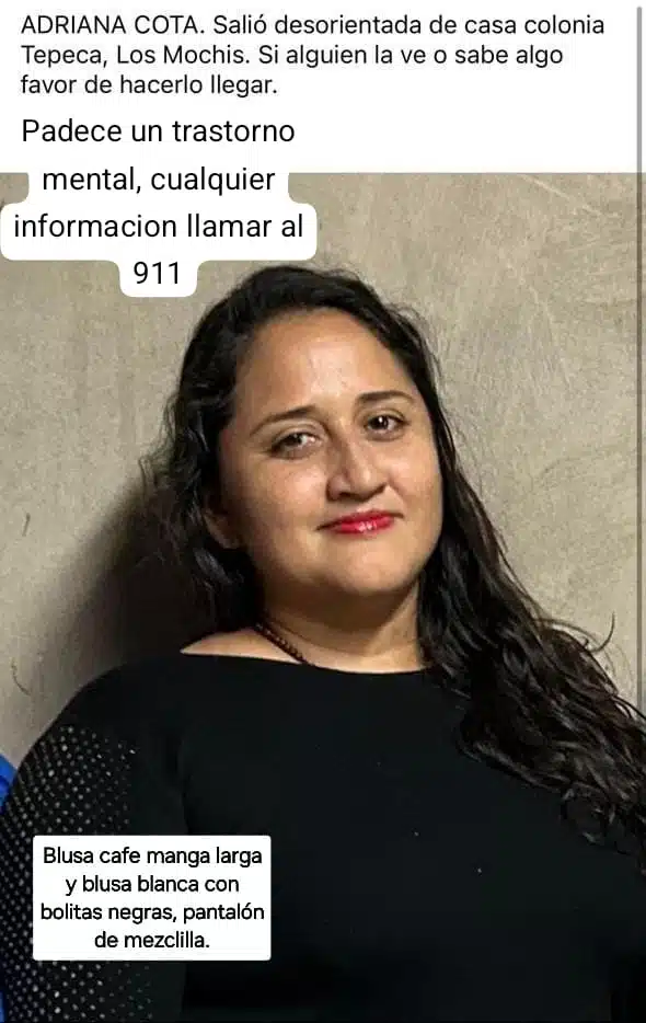 Fotografía de Adriana Cota, quien es buscada en Los Mochis tras salir de su domicilio