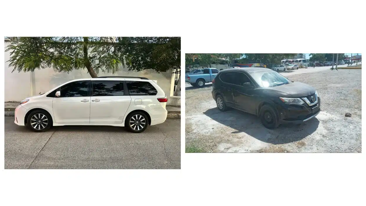 Minivan de la marca Toyota, línea Sienna modelo 2019 y un automóvil marca Nissan línea Rogue tipo SUV, modelo 2018.